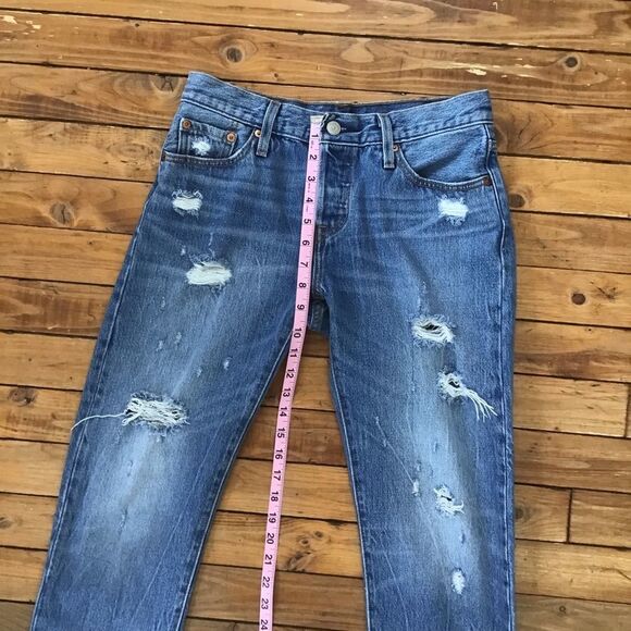 Levis 501 Blue Jeans Distressed ripped 100% cotton denim button fly straight 25 - Picture 7 of 14